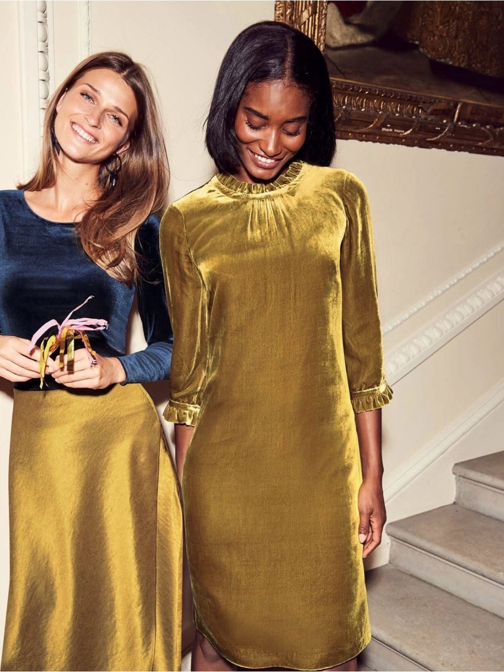 Boden Velvet Ruffle-Neck Shift Dress